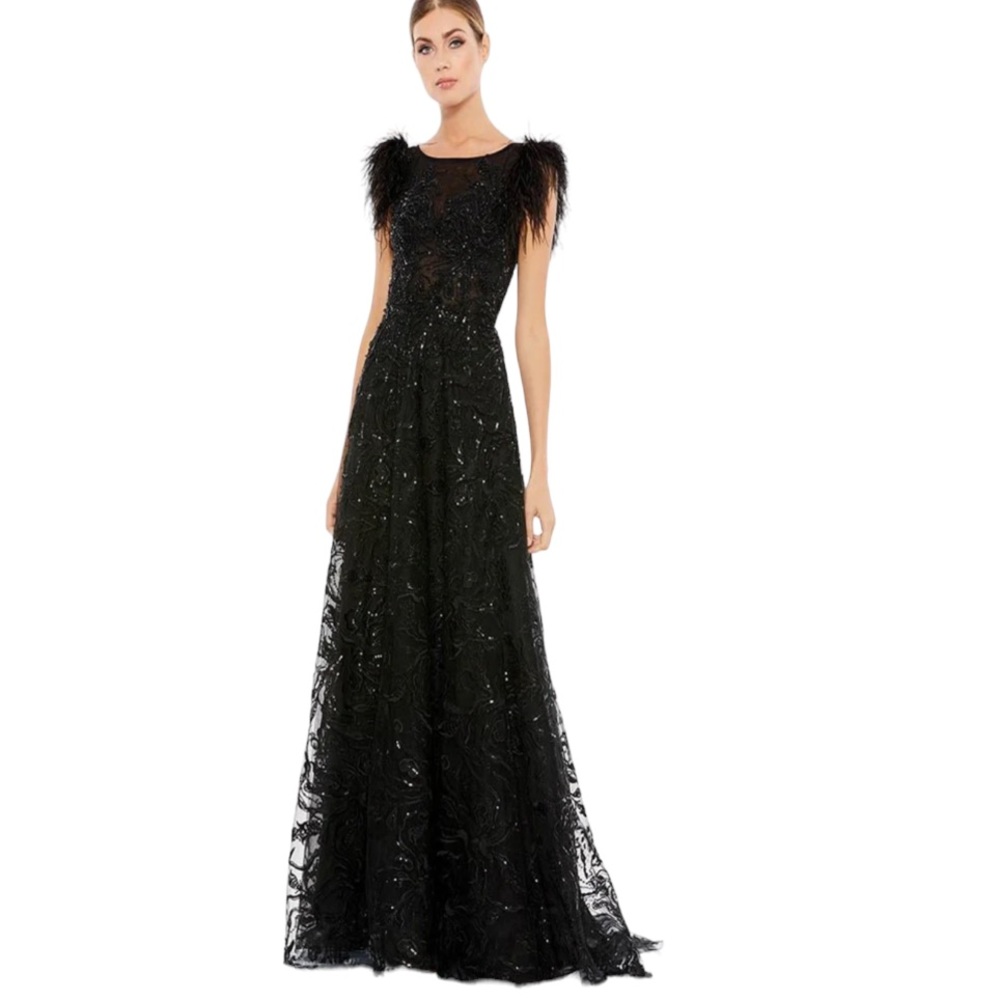 Mac Duggal $798 Black Feather Sequins Maxi Long Dress Formal Train Gown Sz 8